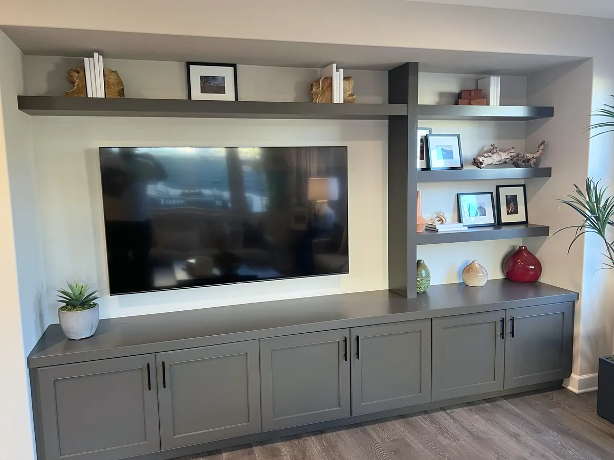 Charcoal media console with floating shelves, Camarillo