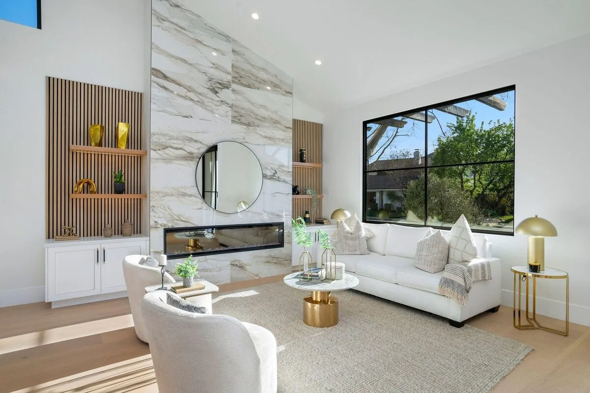 Living Room Built-In with Marble Fireplace Wall