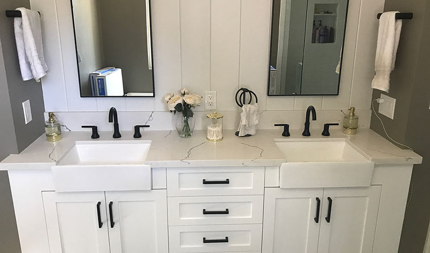 Maple Shaker Style Double Bathroom Vanity with a Rich Mahogony Lacquer Finish.